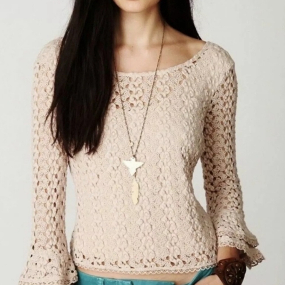 Free People Crocheted Scoop Neck Bell Sleeve Top size small